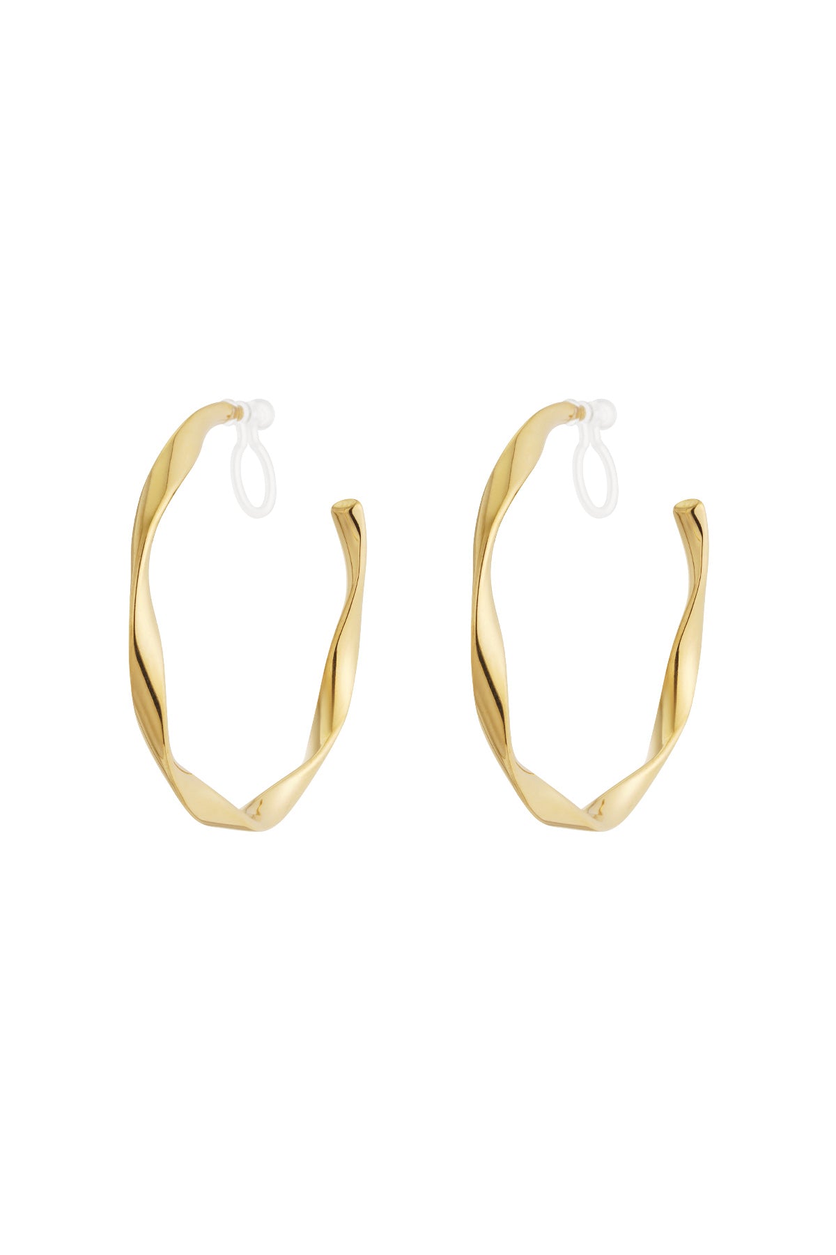 Pair of gold-tone twist hoop clip-on earrings with a twisted design on white background