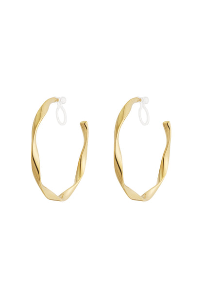 Pair of gold-tone twist hoop clip-on earrings with a twisted design on white background
