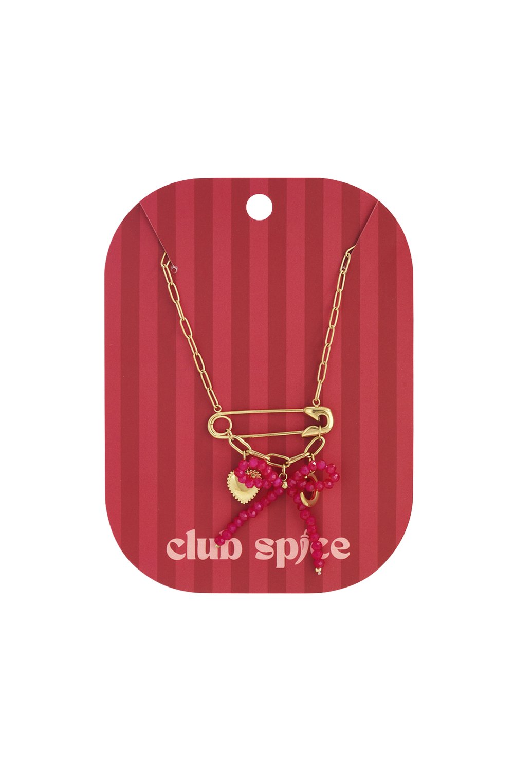 Gold chain necklace featuring a safety pin pendant with a pink beaded bow, heart charm, and gold letter 'C' charm.