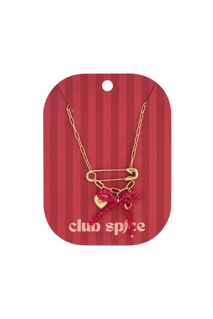 Gold chain necklace featuring a safety pin pendant with a pink beaded bow, heart charm, and gold letter 'C' charm.
