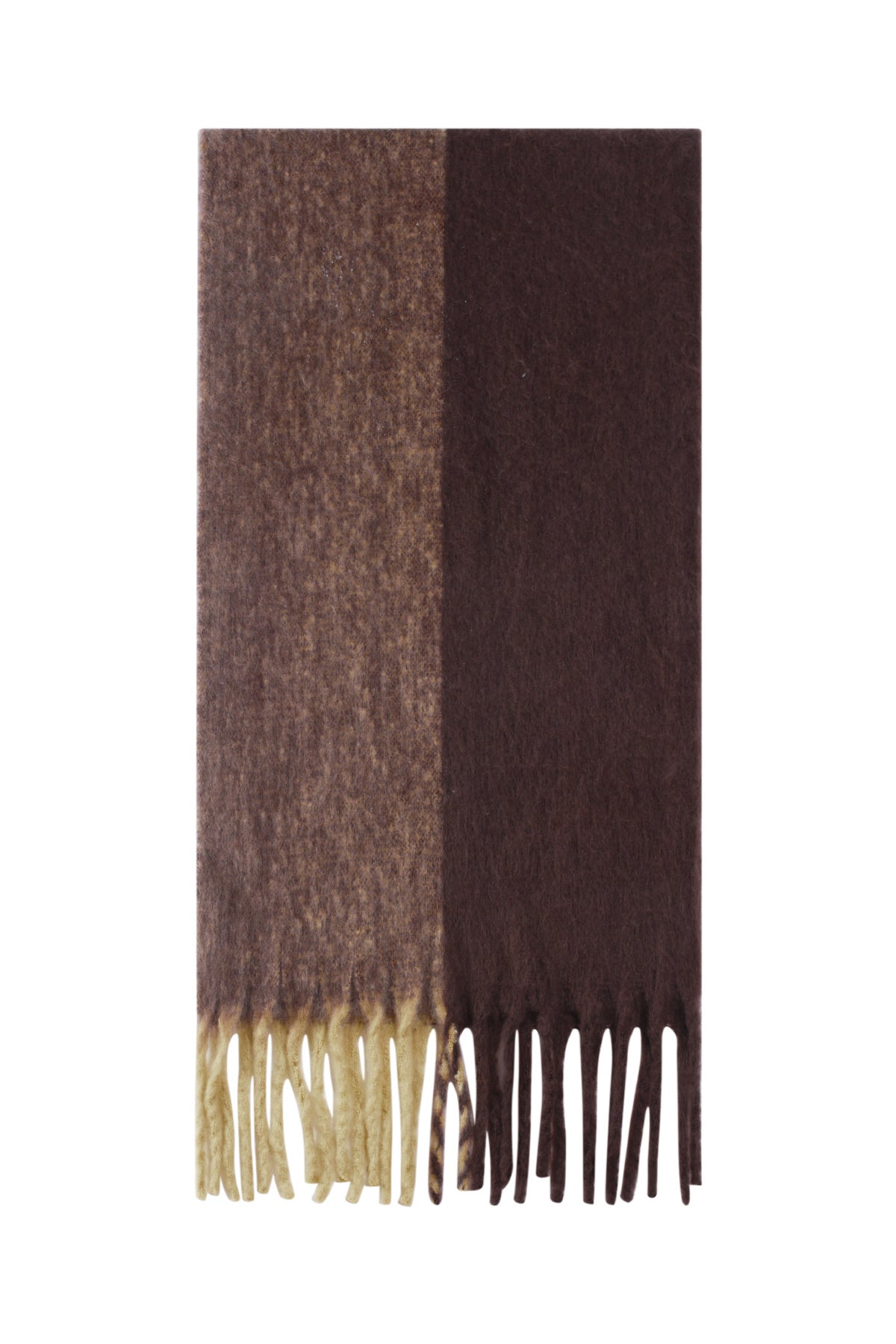 Close-up photo of a brown gradient color-block scarf with fringed edges