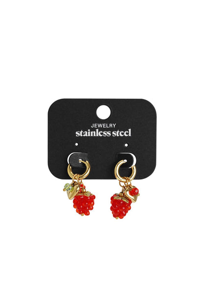 Gold stainless steel hoop earrings with dangling red raspberry fruit charms and small gold heart accents.