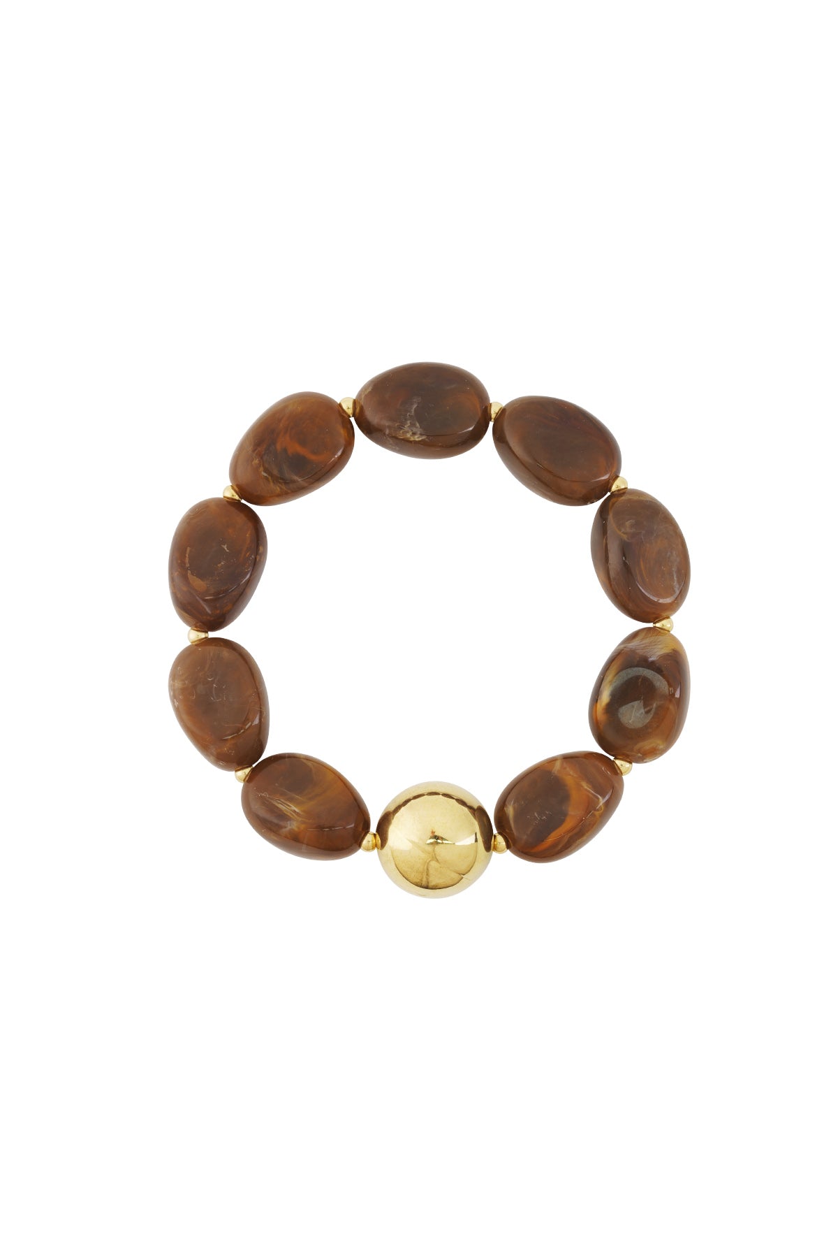Brown marbled acrylic beaded bracelet with glossy gold accent bead on white background
