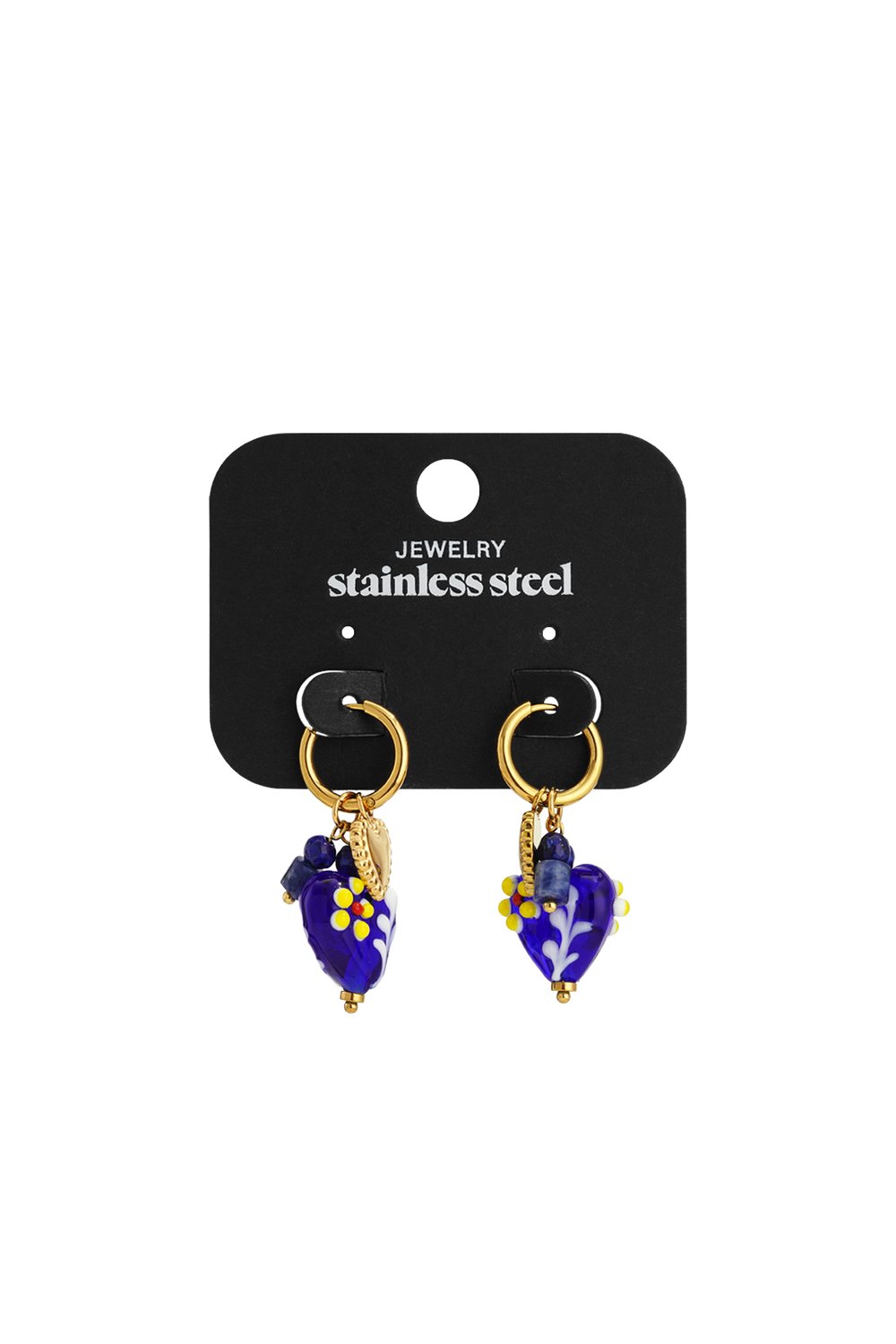 Gold stainless steel hoop earrings with dangling blue glass heart charms featuring floral patterns and small bead accents.