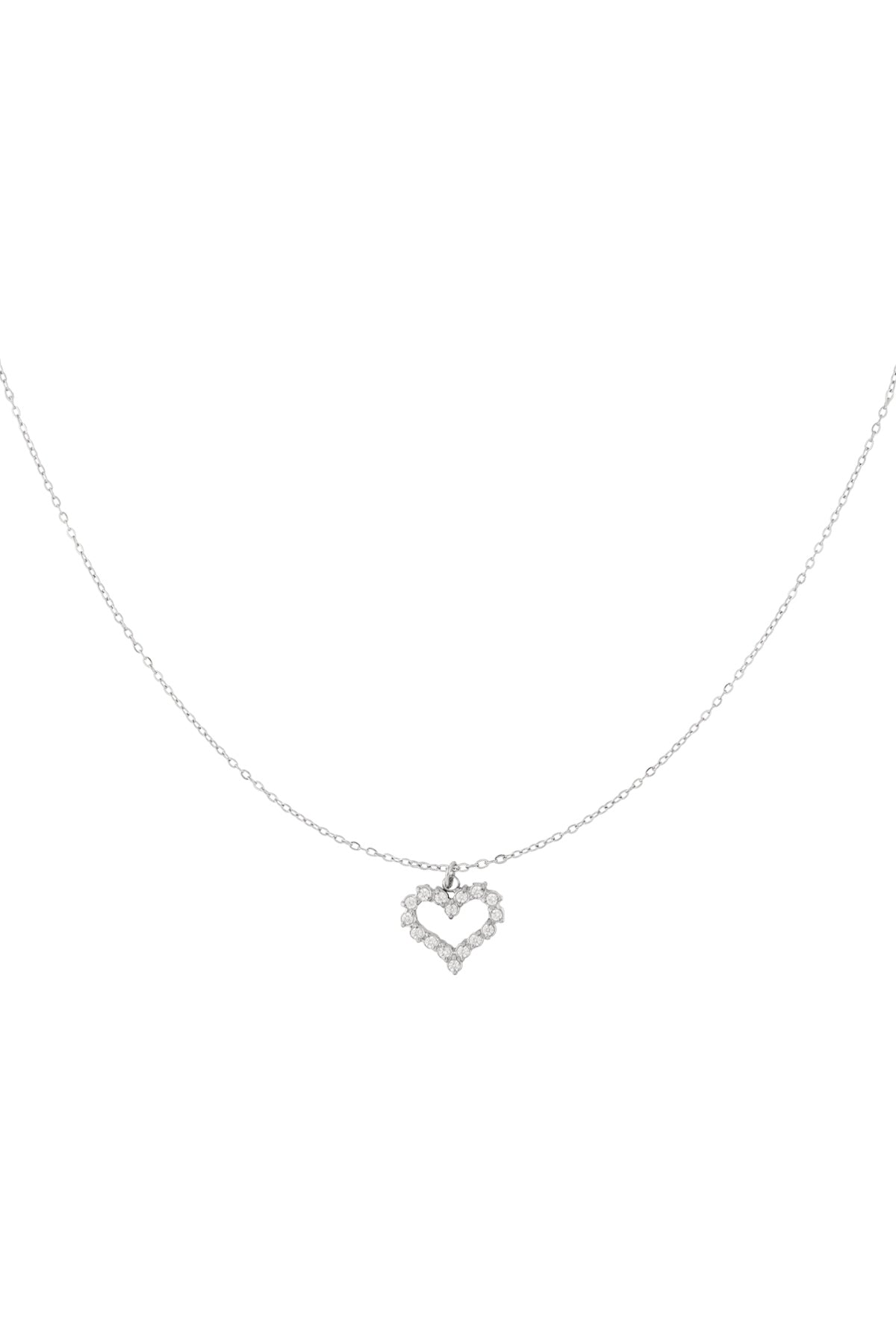 Silver-plated delicate open heart rhinestone pendant necklace on white background