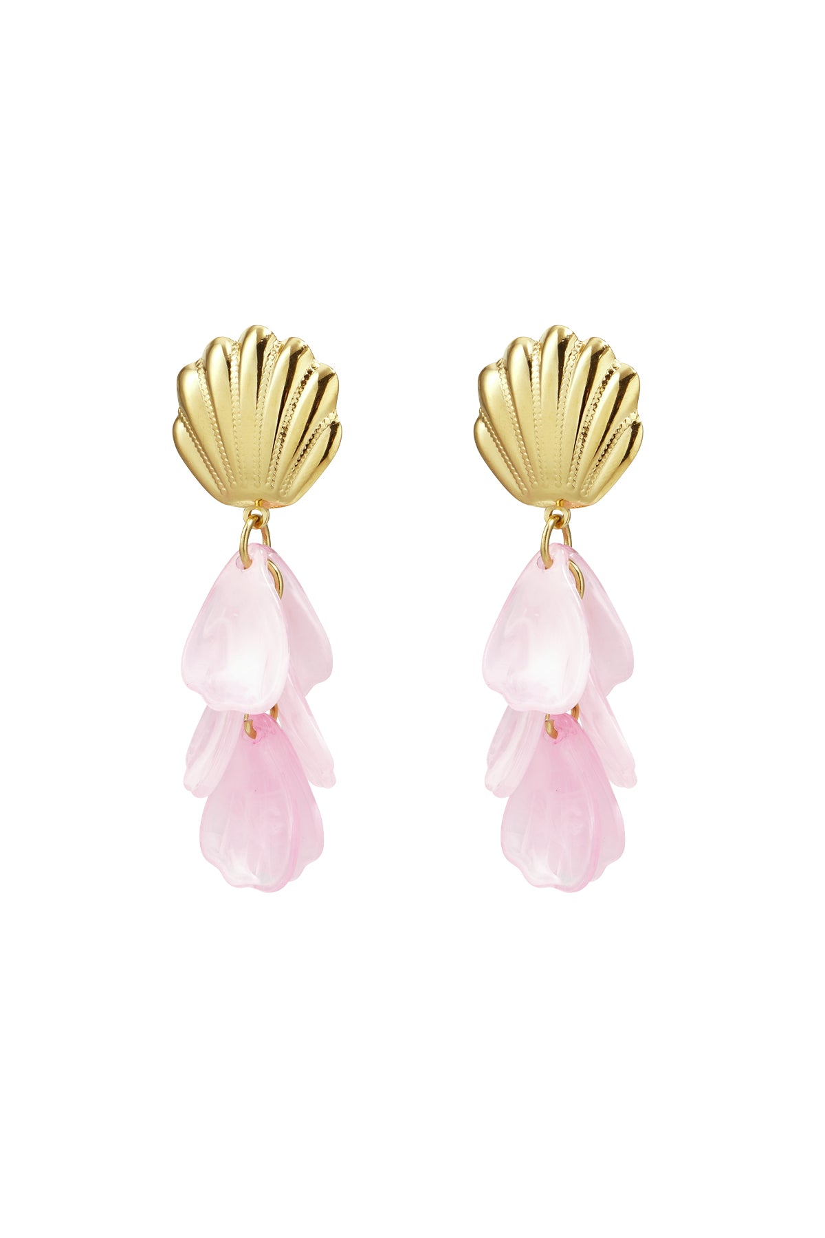 Gold-tone shell drop earrings with dangling pink translucent petals on white background