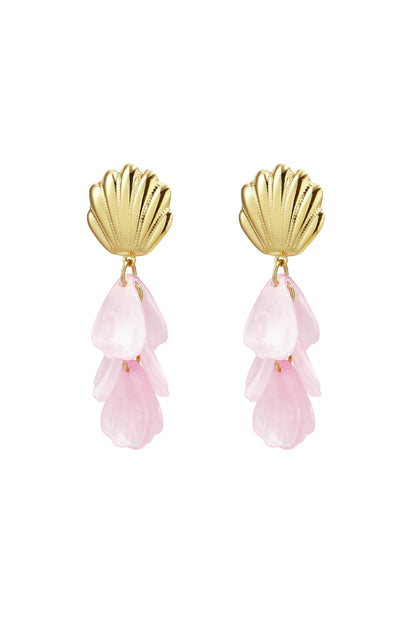 Gold-tone shell drop earrings with dangling pink translucent petals on white background
