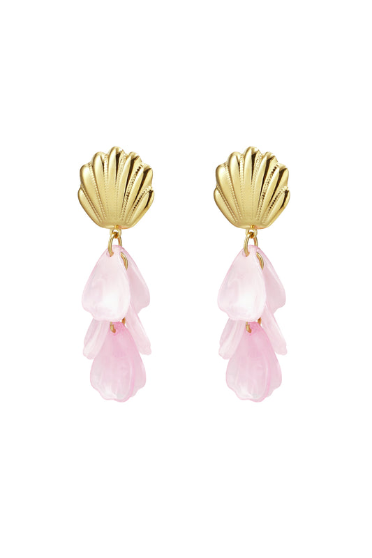 Gold-tone shell drop earrings with dangling pink translucent petals on white background