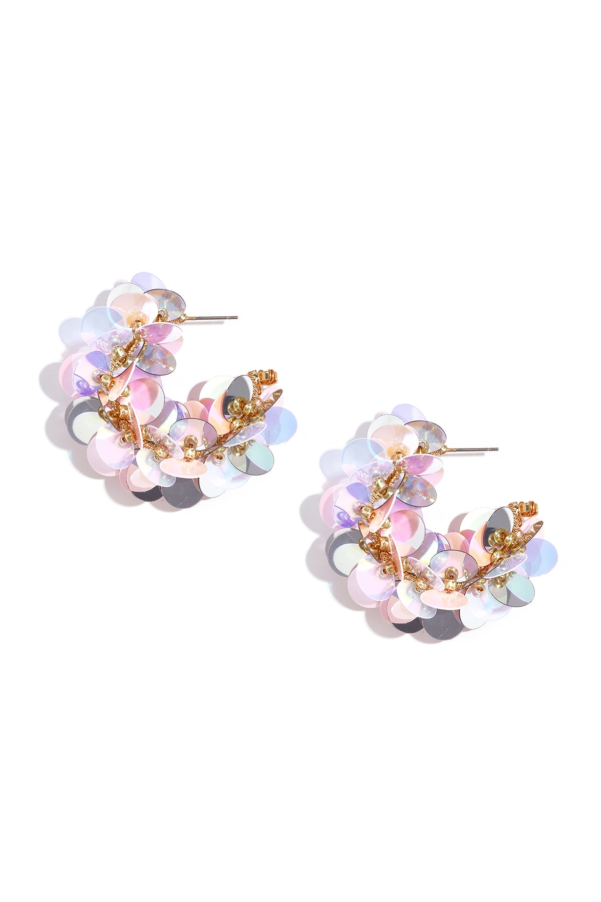 Pair of sequin hoop earrings with pink, silver, and iridescent circular sequins on white background