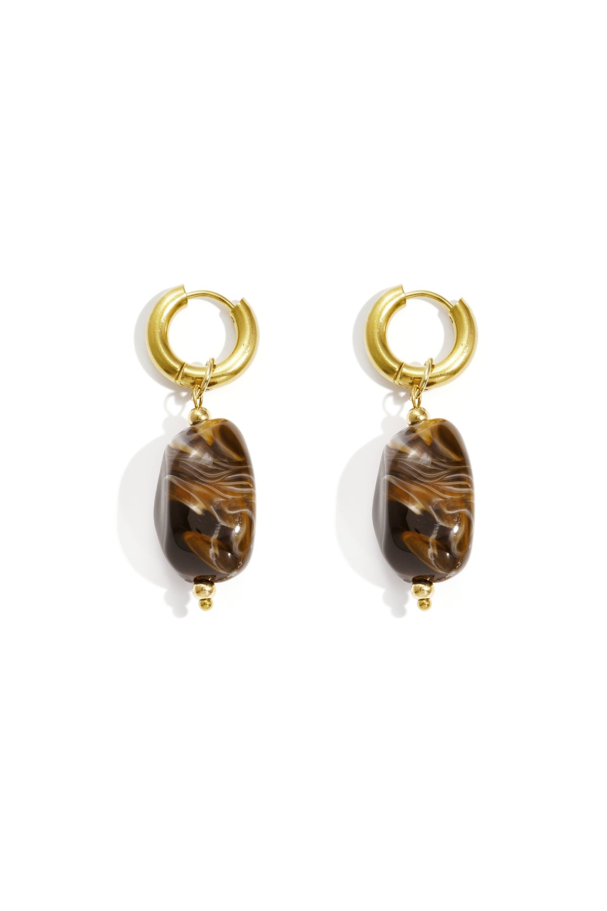 Gold hoop earrings with glossy, marbled brown and white pebble-shaped resin drops.