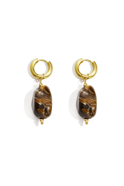 Gold hoop earrings with glossy, marbled brown and white pebble-shaped resin drops.