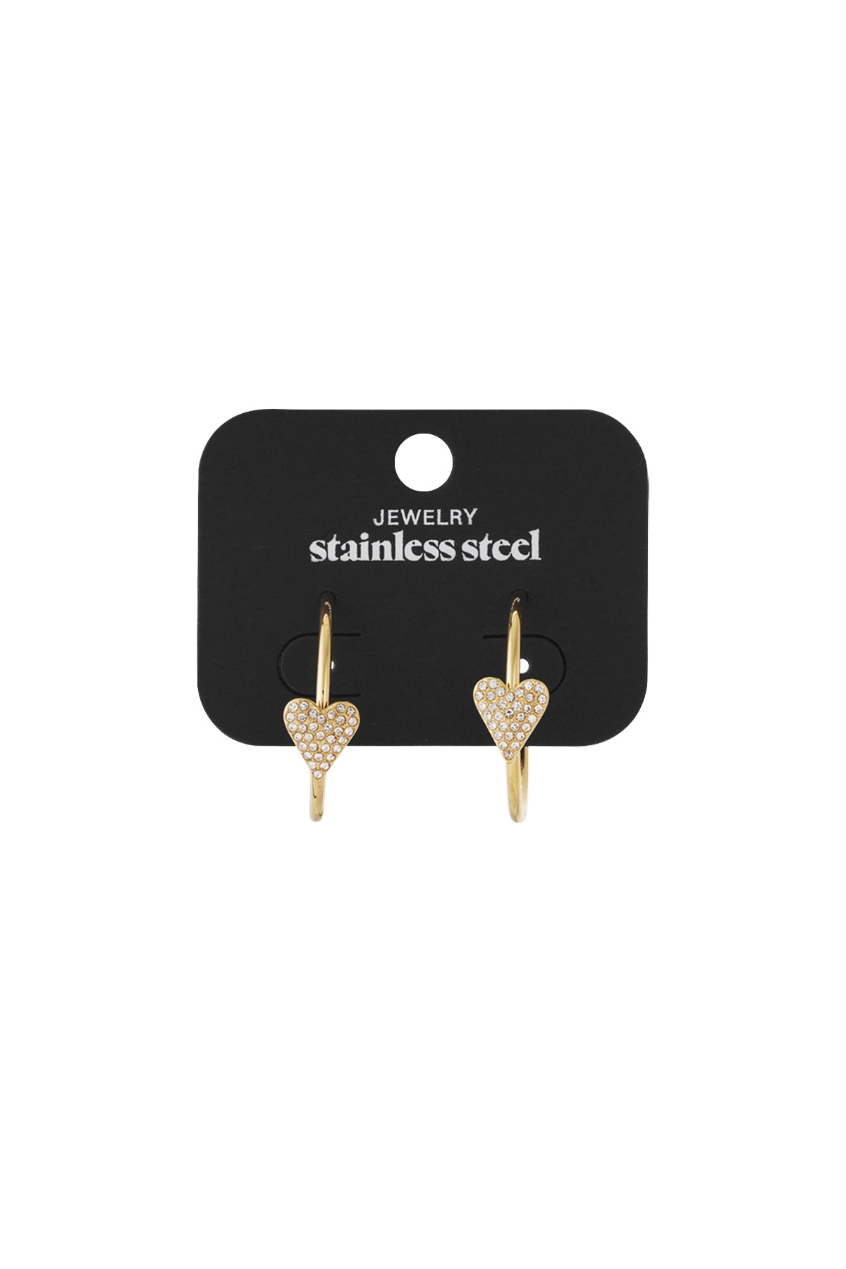 Gold-tone stainless steel hoop earrings featuring small heart-shaped charms embellished with sparkling clear crystals.