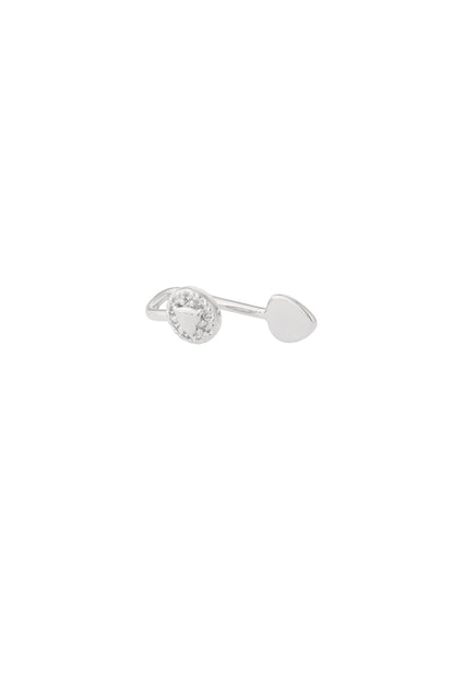 Silver-toned open-ended ear and nose cuff with triangle zircon design and teardrop end on white background