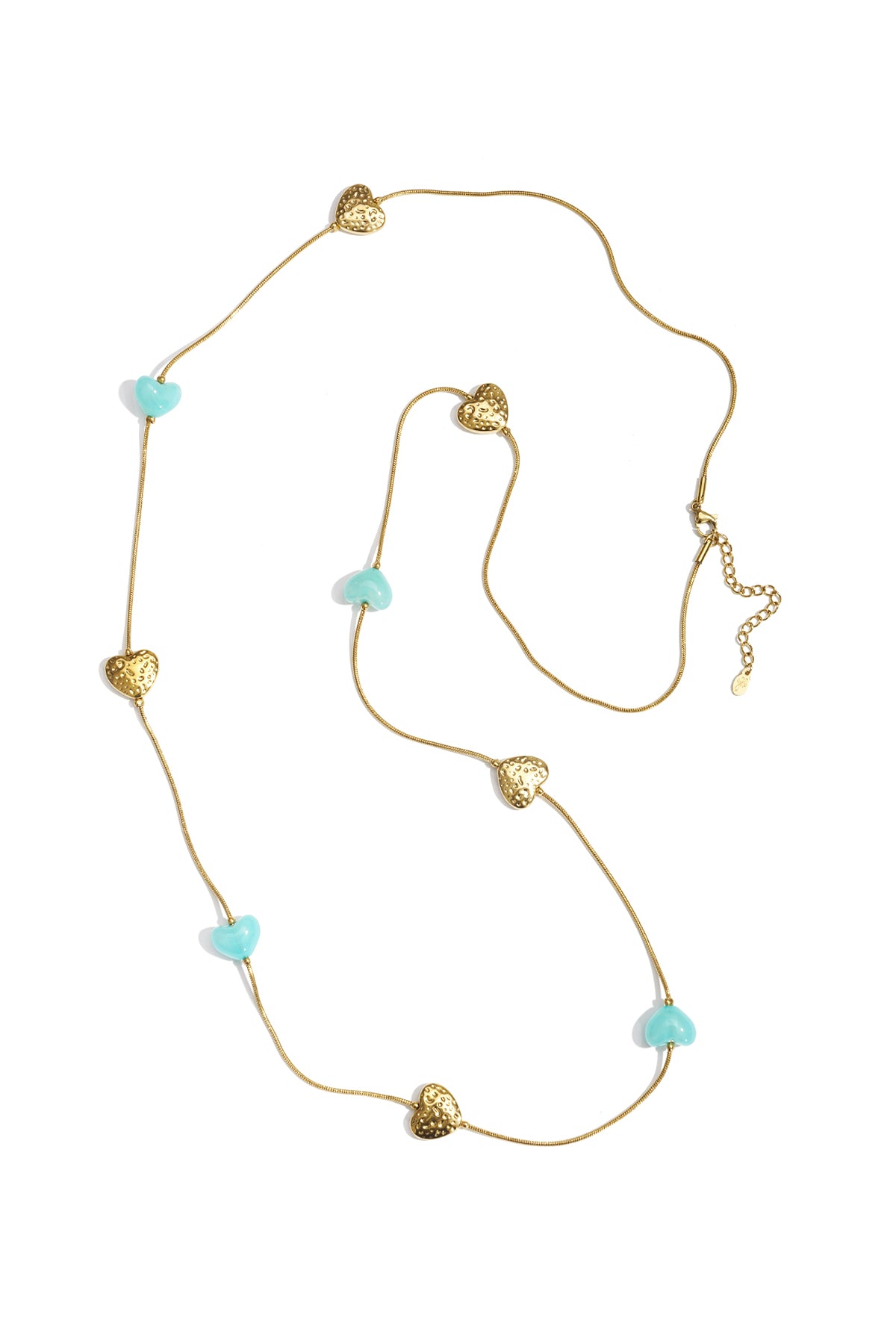 Delicate gold snake chain necklace featuring alternating gold and turquoise blue heart charms on white background