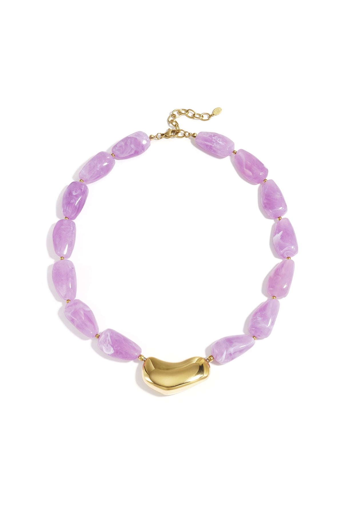 Chunky beaded necklace with lavender marbled beads and a glossy gold asymmetrical centerpiece on a white background