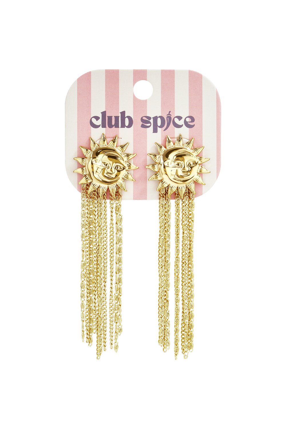 Gold-tone dangle earrings featuring a sun face charm with cascading fringe chains on a striped backing card.