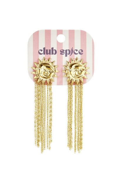 Gold-tone dangle earrings featuring a sun face charm with cascading fringe chains on a striped backing card.