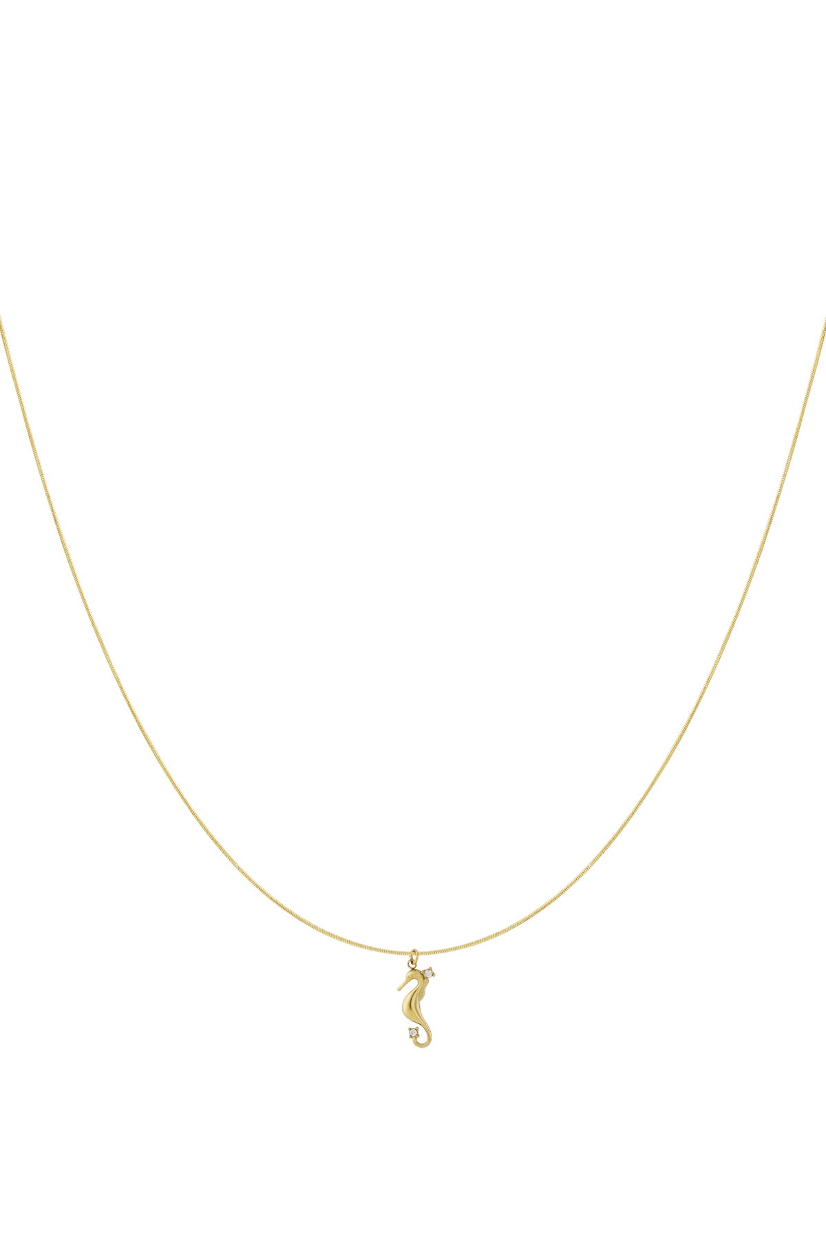 Gold seahorse pendant necklace with rhinestone accents displayed on a white background