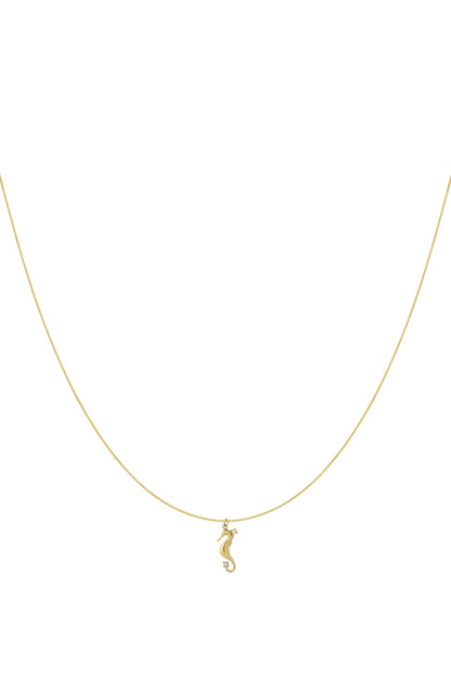 Gold seahorse pendant necklace with rhinestone accents displayed on a white background