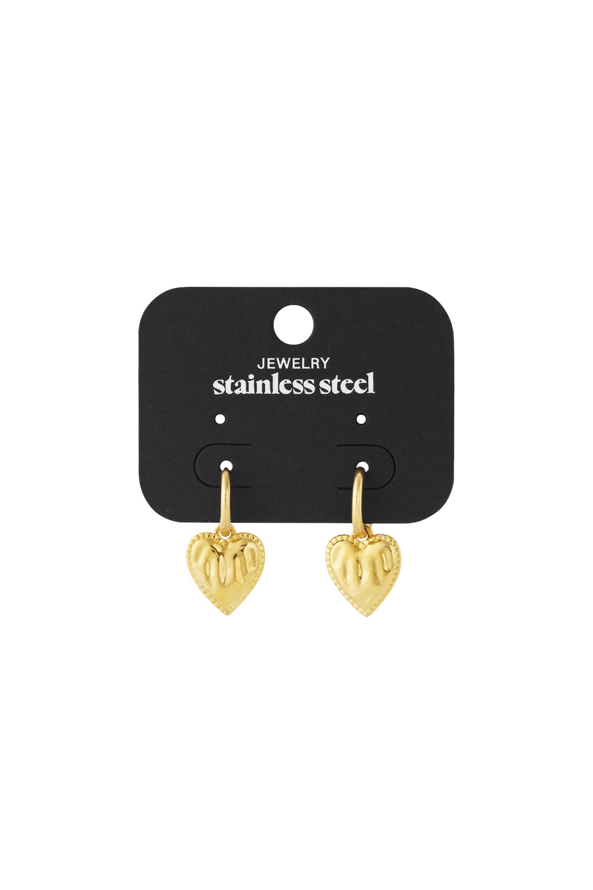 Gold-tone stainless steel hoop earrings with textured, sculpted heart charms on a black display card.