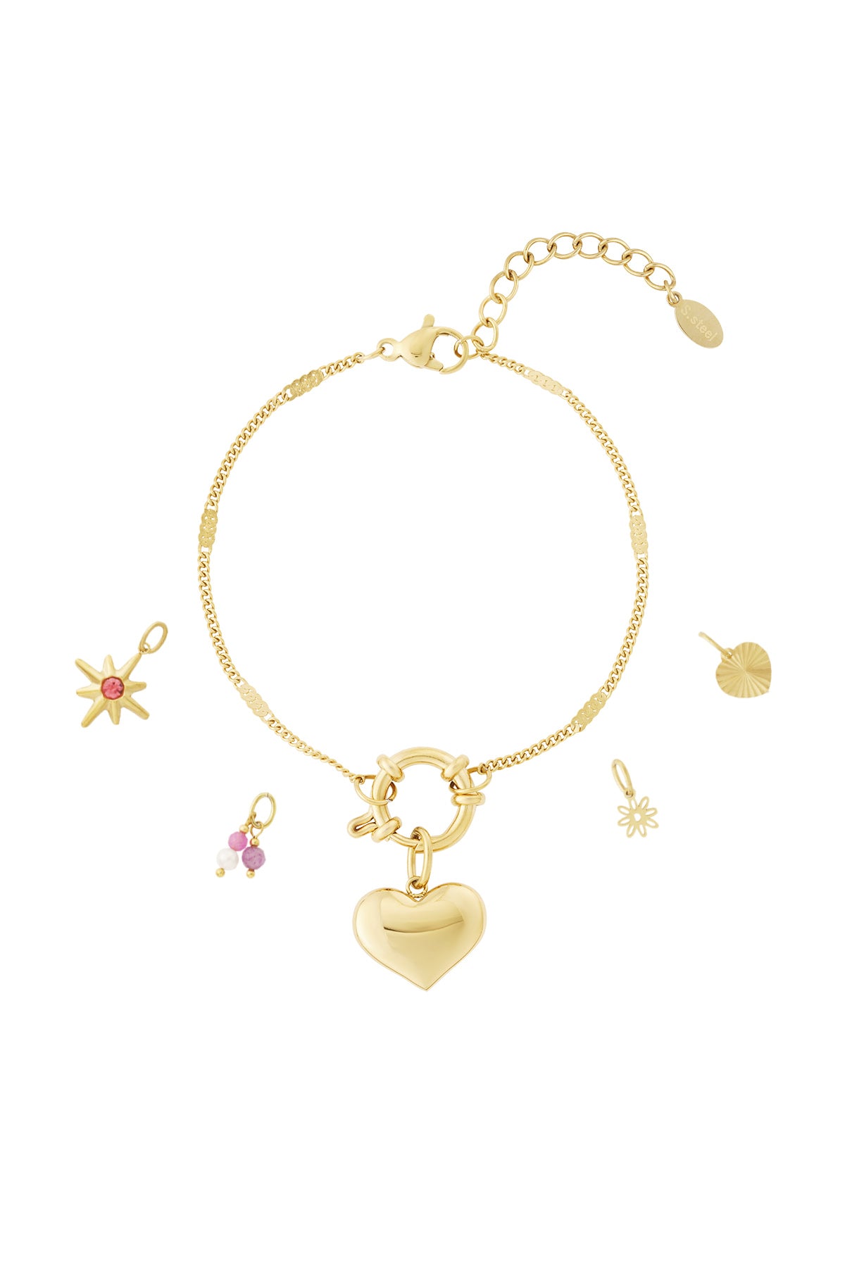 Gold chain charm bracelet with bold heart pendant and multiple separate gold and colorful charms for customization