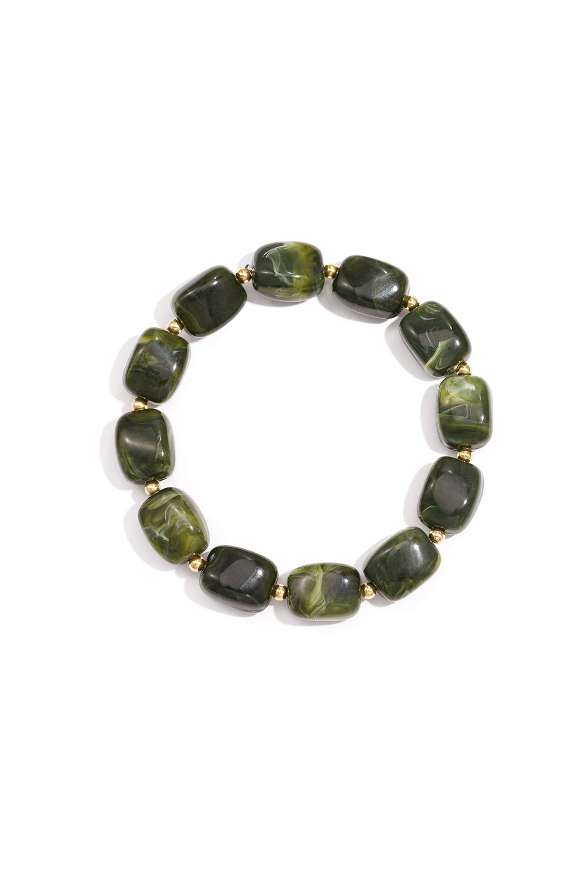 Forest green acrylic chunky bead bracelet with gold spacers on white background with swirled colors
