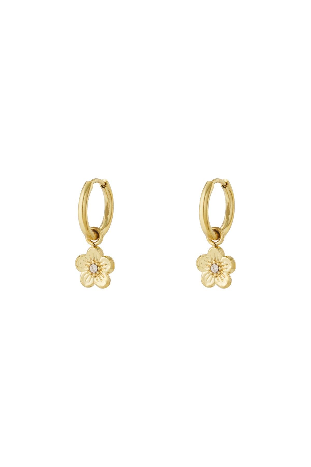 Pair of gold-tone hoop earrings with small flower-shaped charms featuring rhinestone centres on a white background