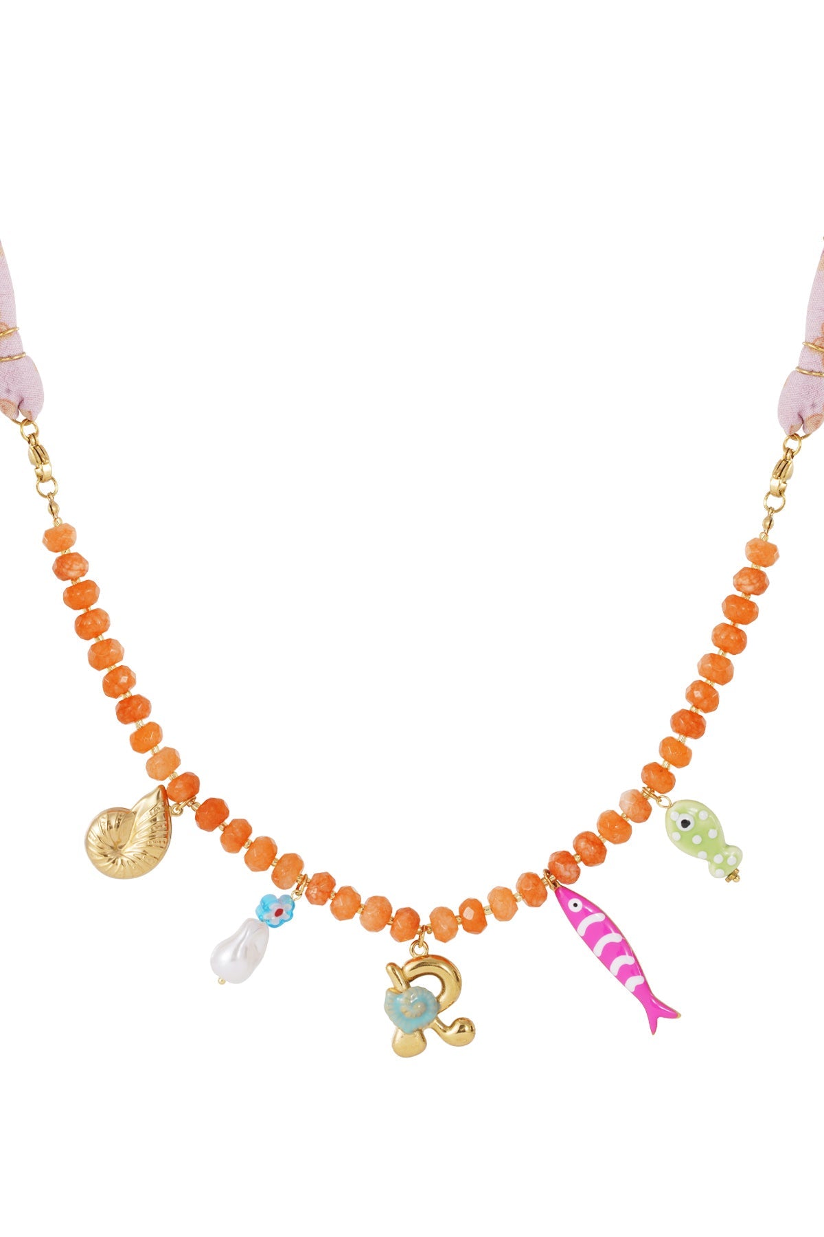Beaded necklace with orange faceted beads, gold-tone initial "R" charm, and whimsical sea-themed pendants.