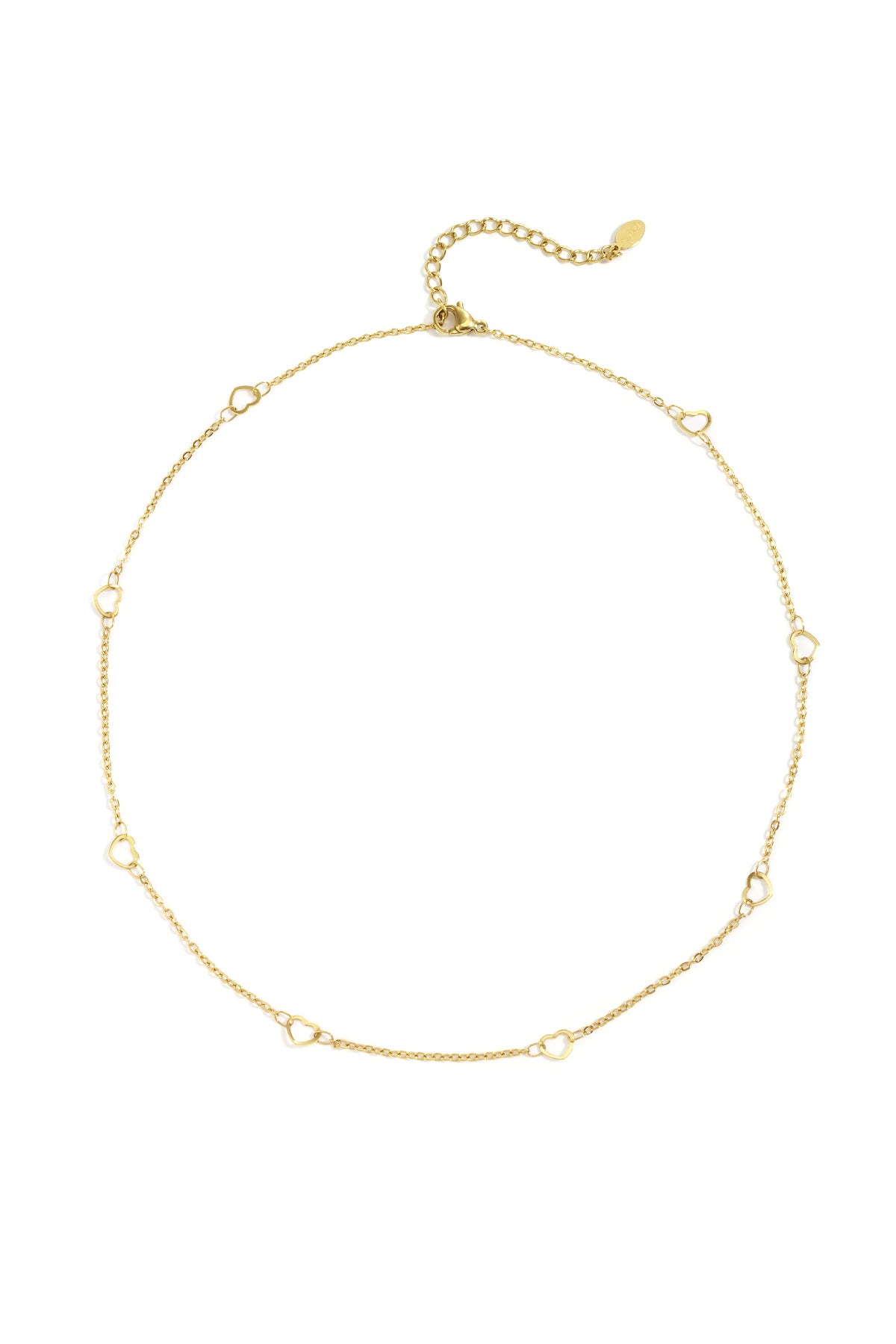 Gold-tone delicate chain necklace with small open heart accents evenly spaced on a white background