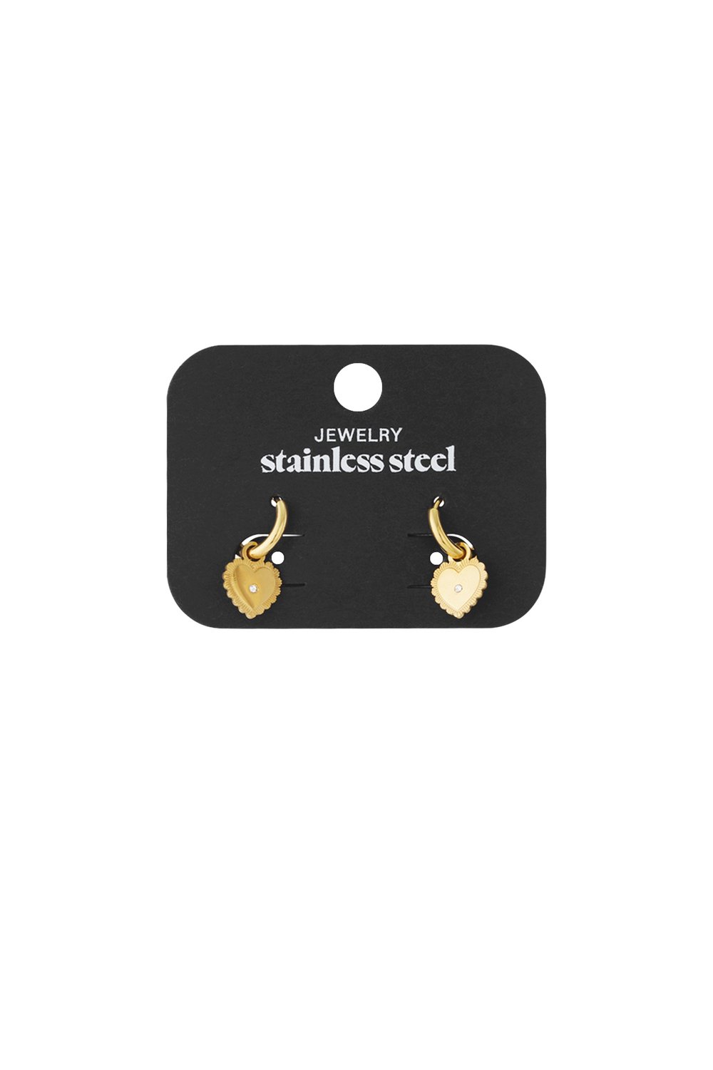 Gold-tone stainless steel hoop earrings featuring small, puffed scalloped heart charms with a central crystal accent.