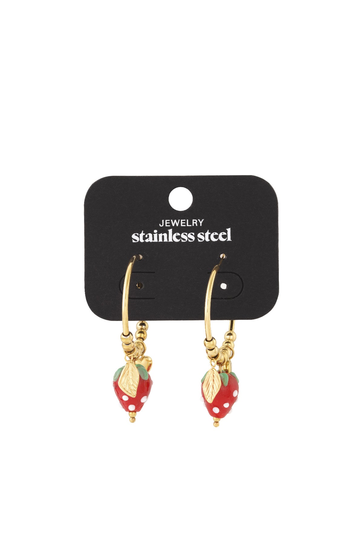Gold hoop earrings on a display card featuring dangling red strawberry charms with gold leaves.