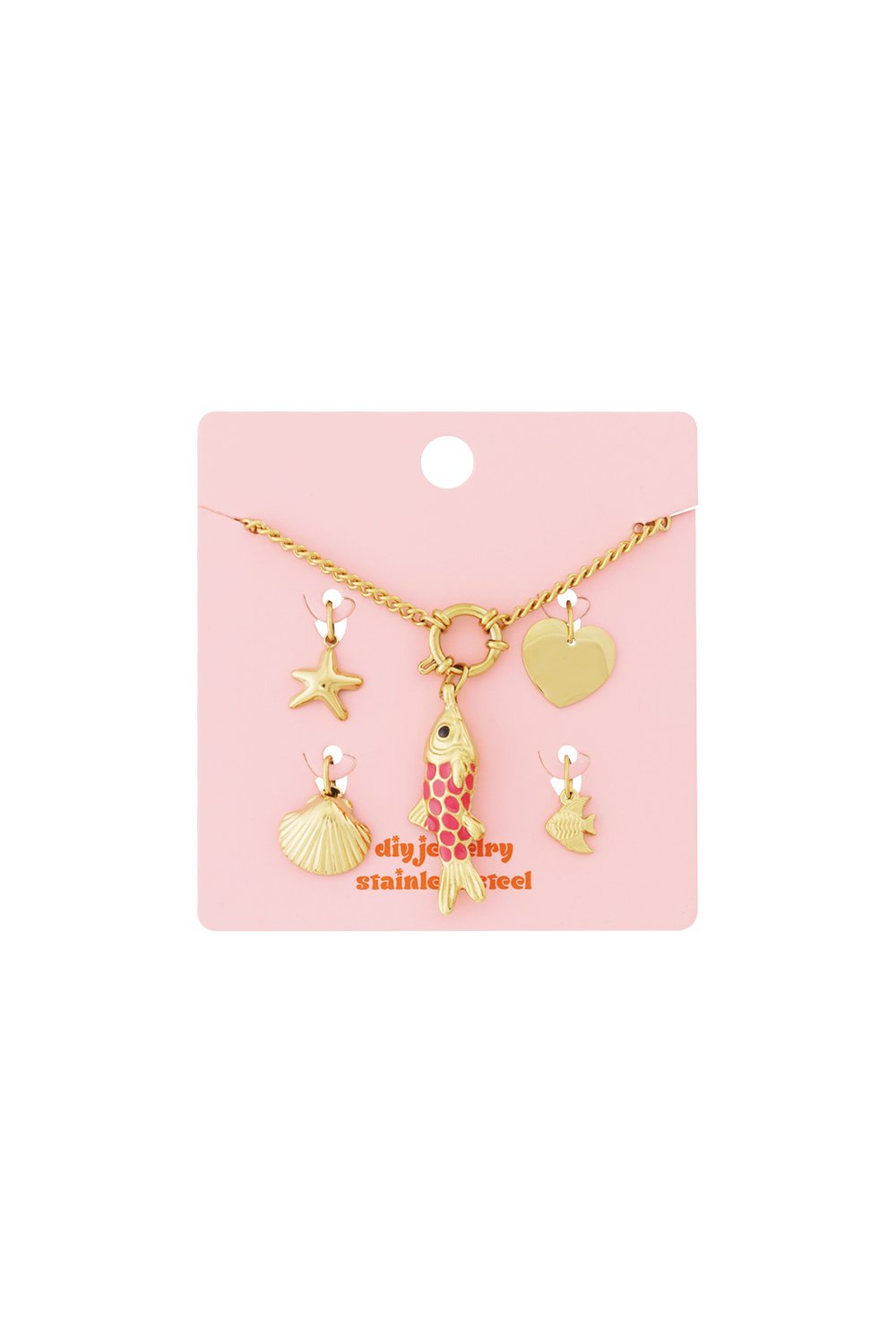 Gold rope chain bracelet on pink backing, featuring gold charms: starfish, scallop shell, heart, and pink-spotted fish.