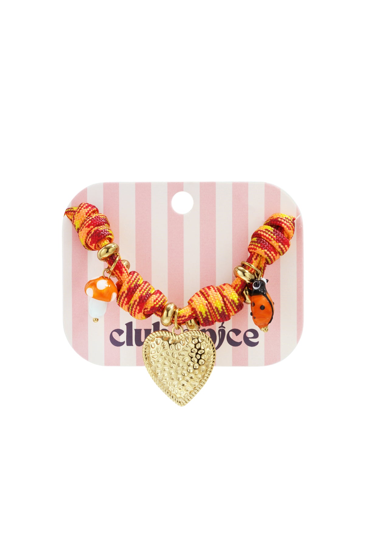Playful charm bracelet displayed on pink and white striped card featuring gold heart, mushroom, and ladybug charms.