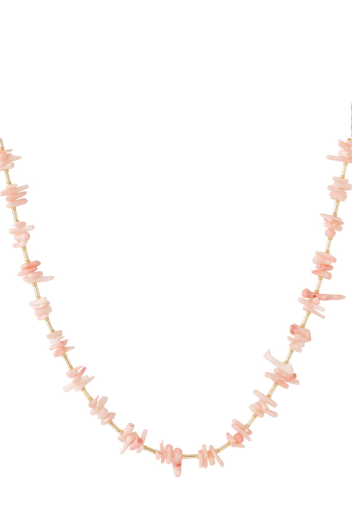 Close-up of pink coral chip necklace with gold rods on white background