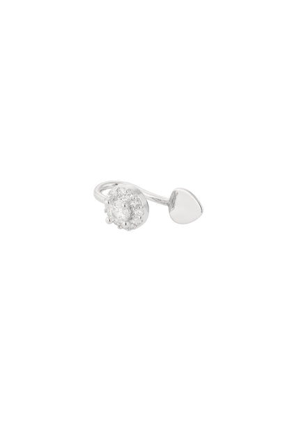 Silver ear and nose cuff featuring a heart and cubic zirconia-studded circle on a white background