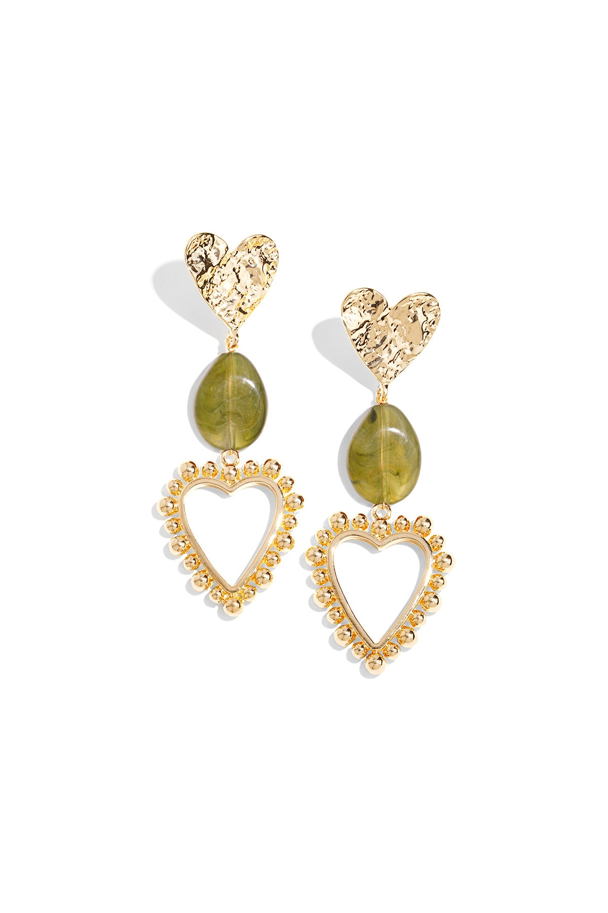 Pair of heart drop statement earrings with hammered gold hearts, olive green marbled resin beads, and gold beaded open heart frames on white background