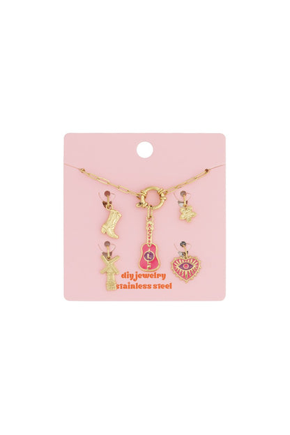 Gilded gold stainless steel chain bracelet featuring colorful enamel charms: guitar, heart, windmill, boot, and flower.
