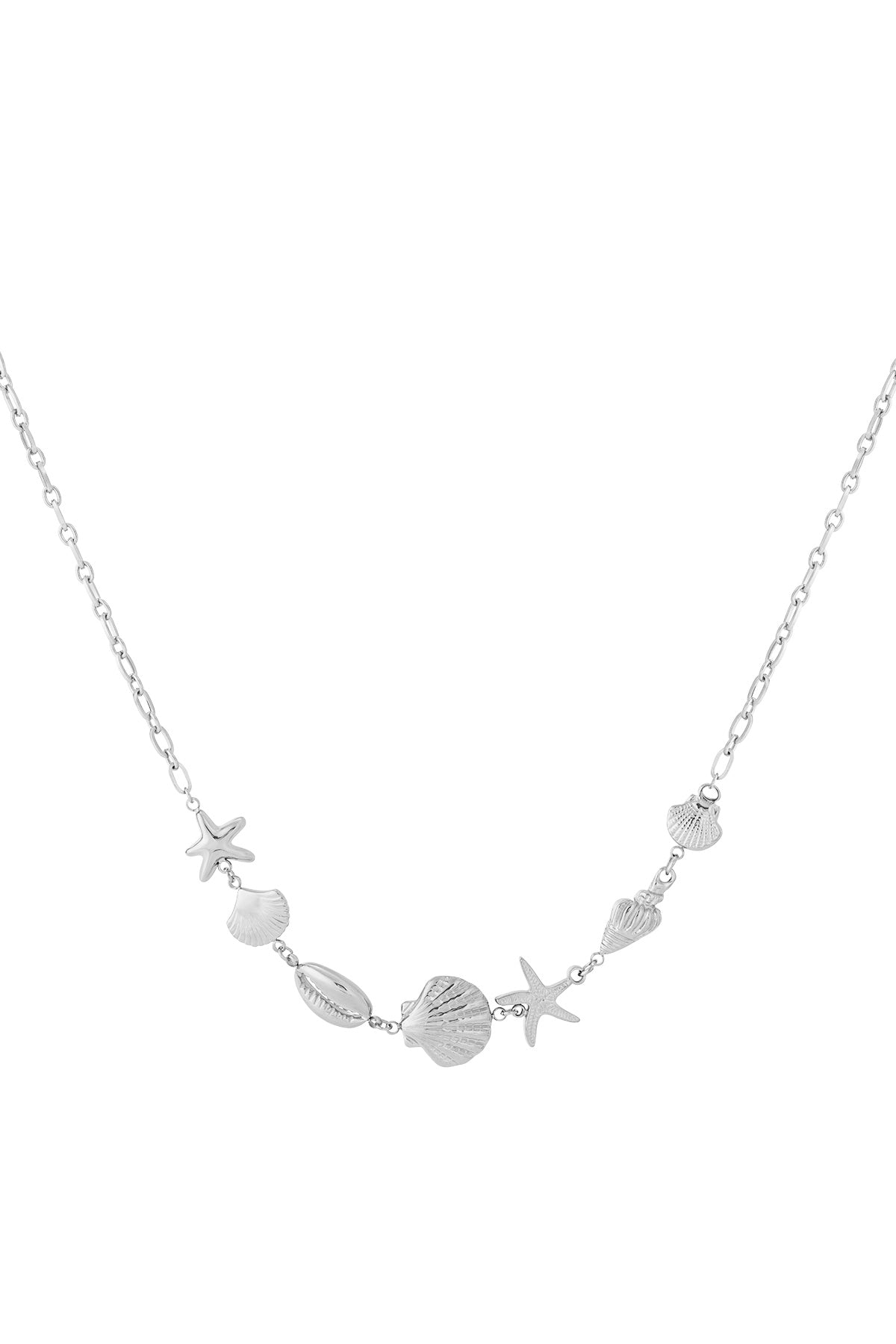 Silver tone seaside charm necklace with starfish and shell pendants on delicate chain displayed on white background