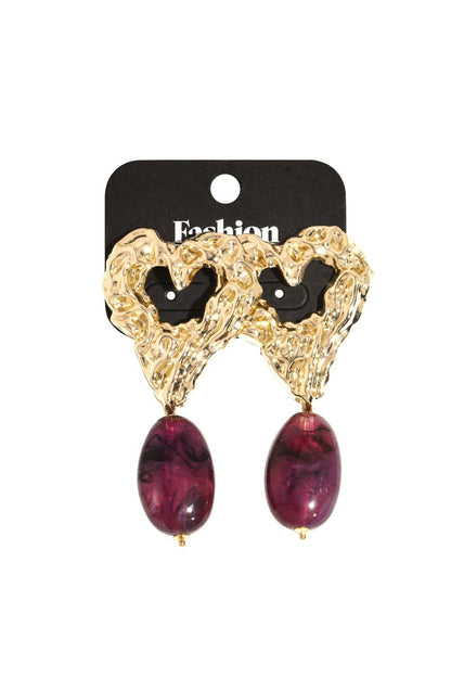Gold hammered metal heart stud earrings with dangling oval purple marbled resin charms.