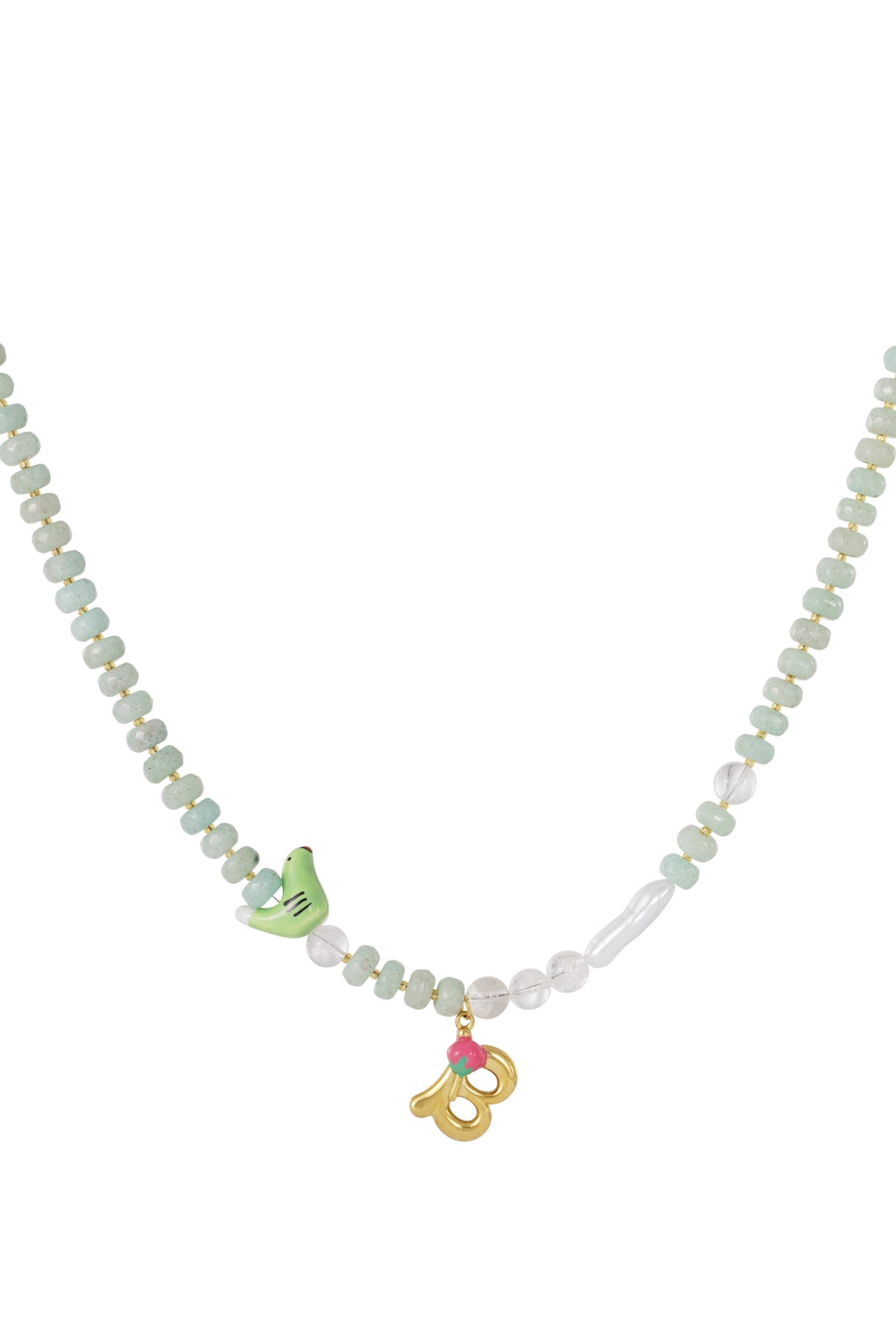 Yellow beaded necklace featuring several dangling charms including heart, orange flower, teddy bear on gold letter C, and pearl