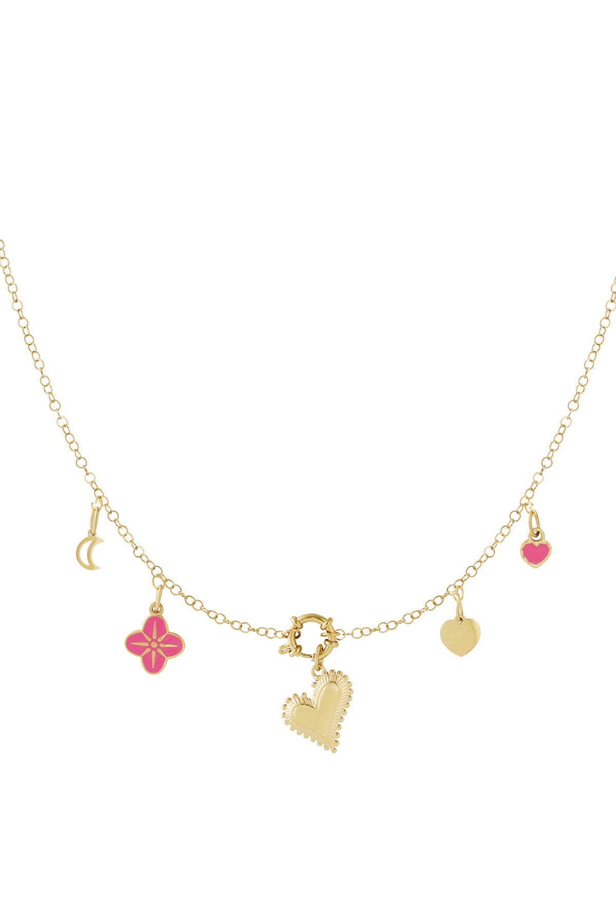 Front view of the gold charm necklace laid out fully showing individual charms spaced along the delicate gold chain