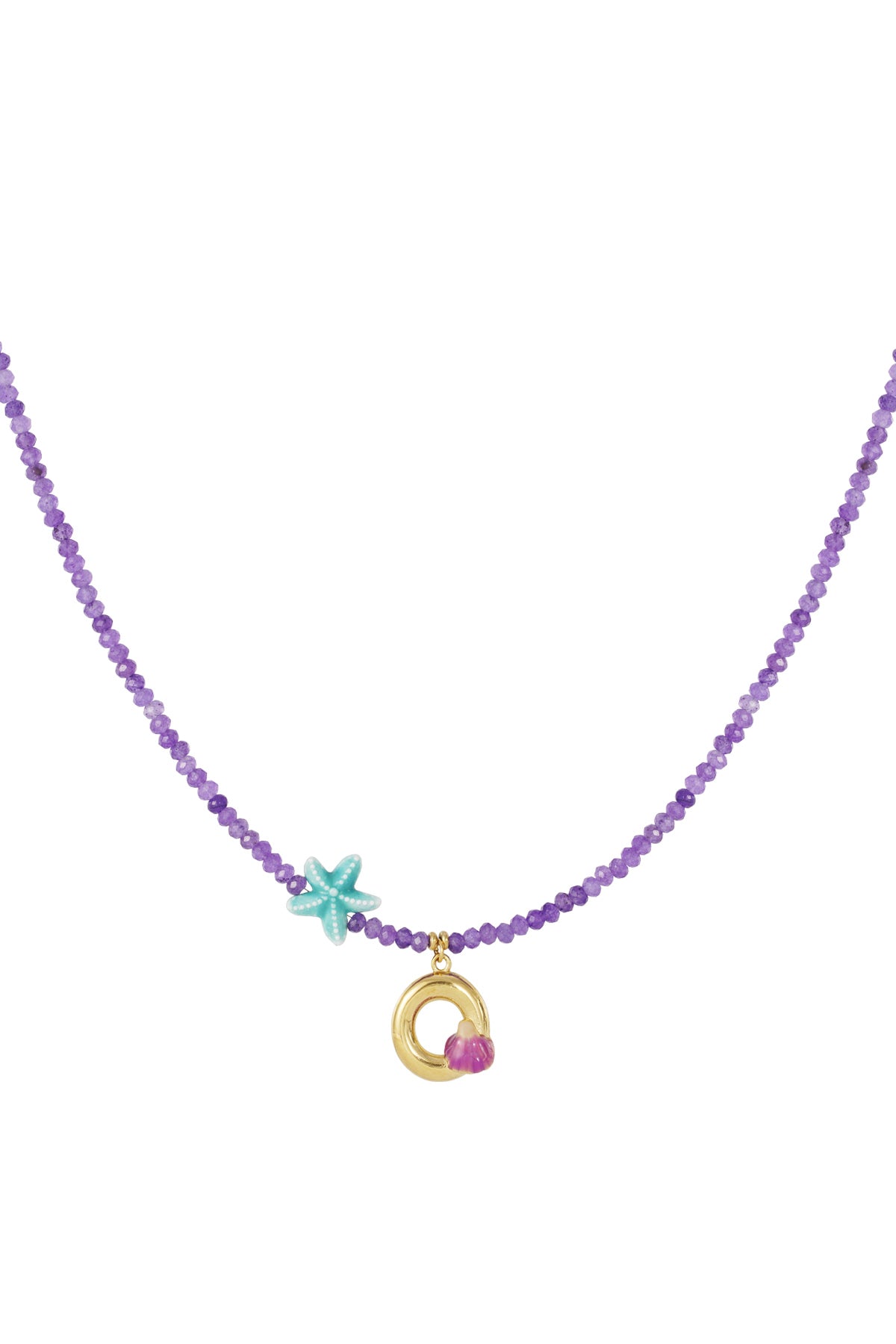 Purple beaded necklace featuring a gold letter 'O' charm, a small purple flower, and a turquoise starfish charm.