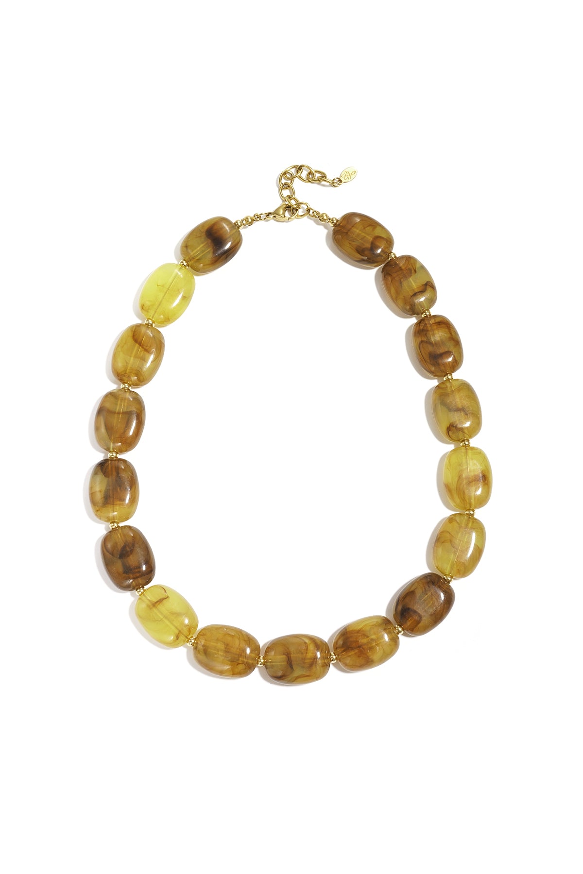 Close-up of amber marbled squoval bead necklace with gold clasp on white background