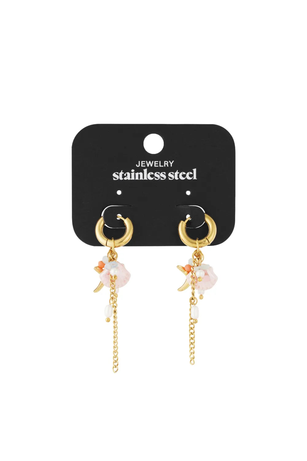Oceanic Gold Drop Earrings featuring gold-finish hoops with dangling pink shells, pearls, and delicate chains.