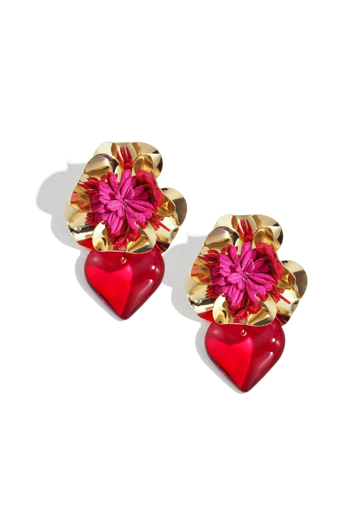 Pair of vibrant floral heart drop earrings with shiny gold petals and bright red resin hearts