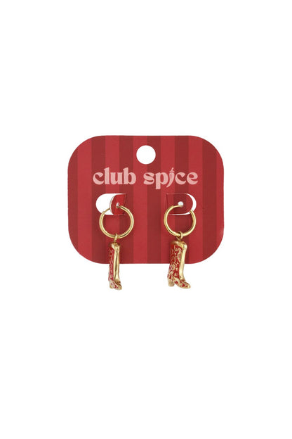 Gold hoop earrings with red-and-white western cowboy boot charms on a Club Spice branded display card.
