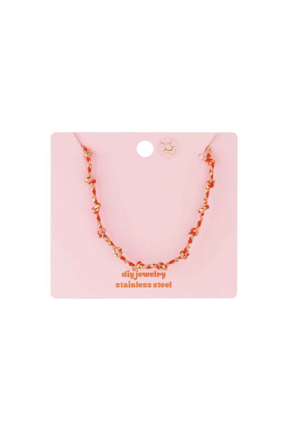 Soft Knot Aesthetic necklace: a delicate, knotted cord chain in mixed metallic and coral tones on a pink display card.