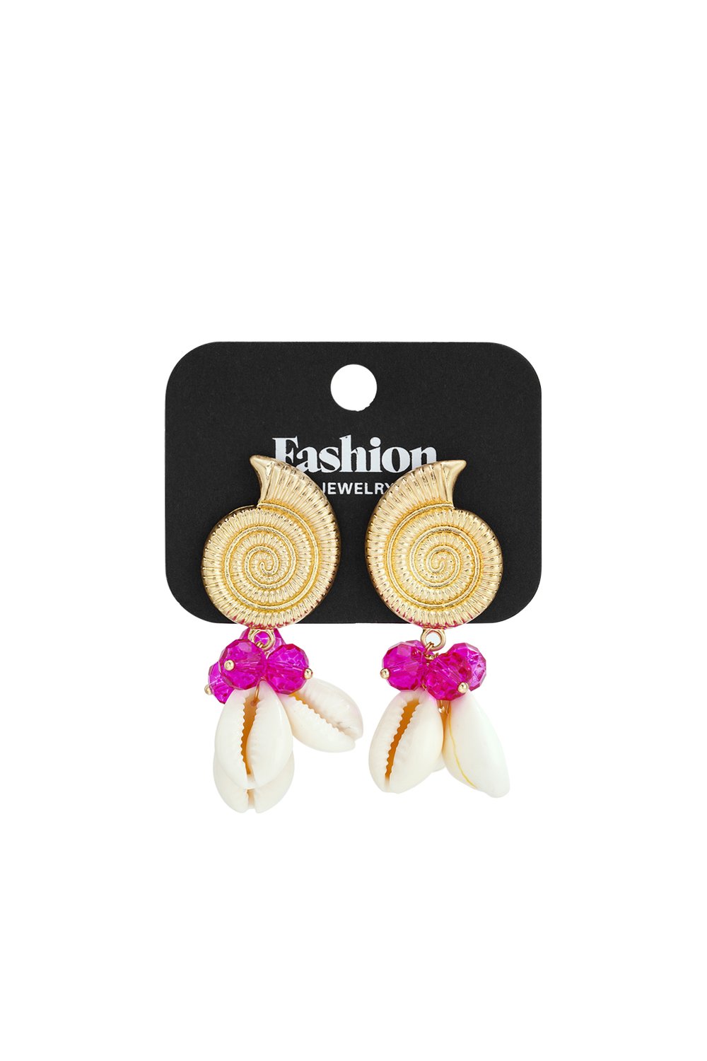 Gold spiral shell earrings with bright pink crystal beads and hanging white cowrie shells on a black display card.