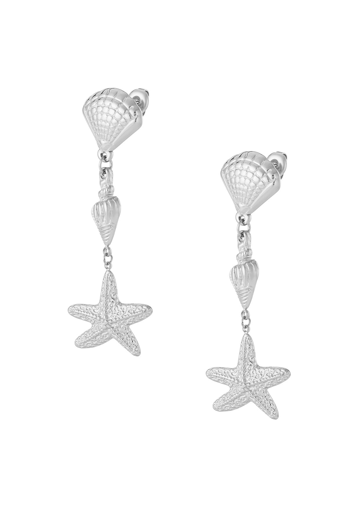 Silver sea life theme drop earrings with textured shell, conch, and starfish charms