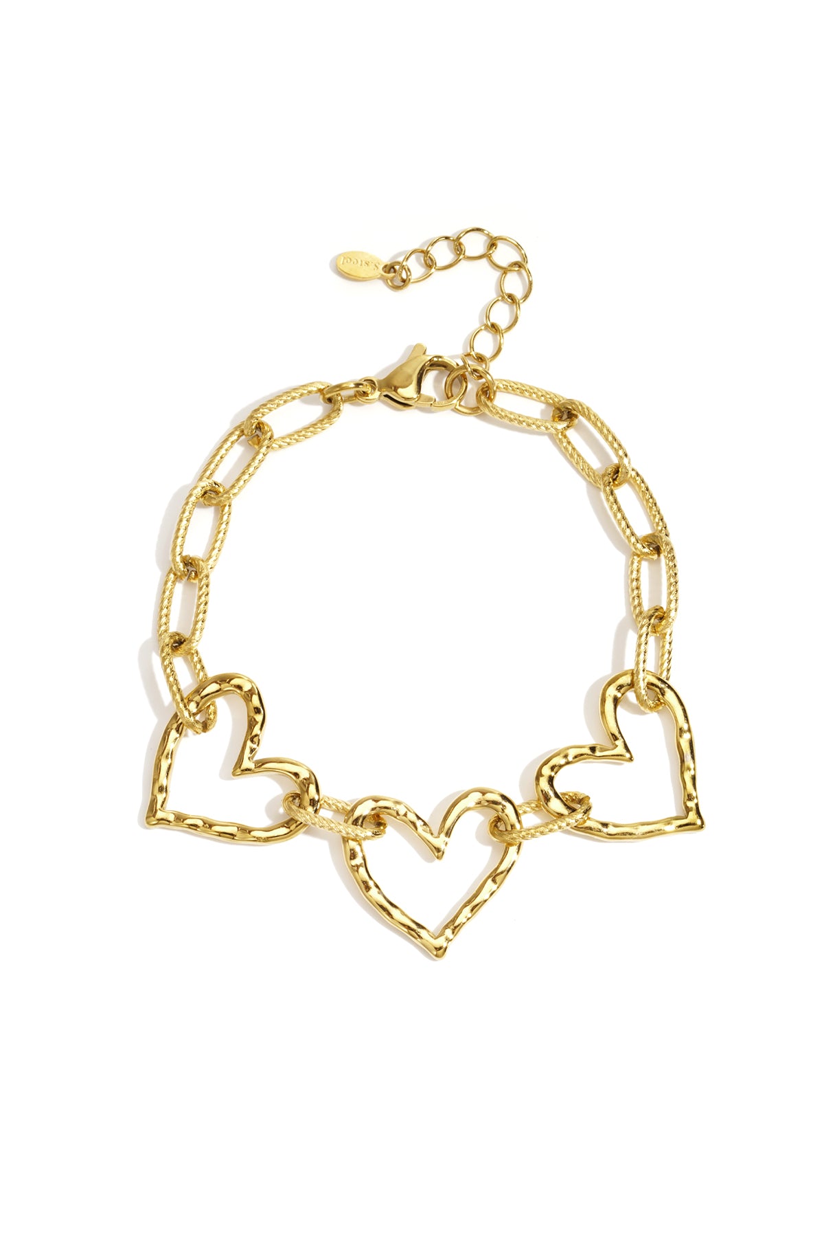 Gold-tone heart link bracelet with three hammered hearts and chain links laid flat on white background